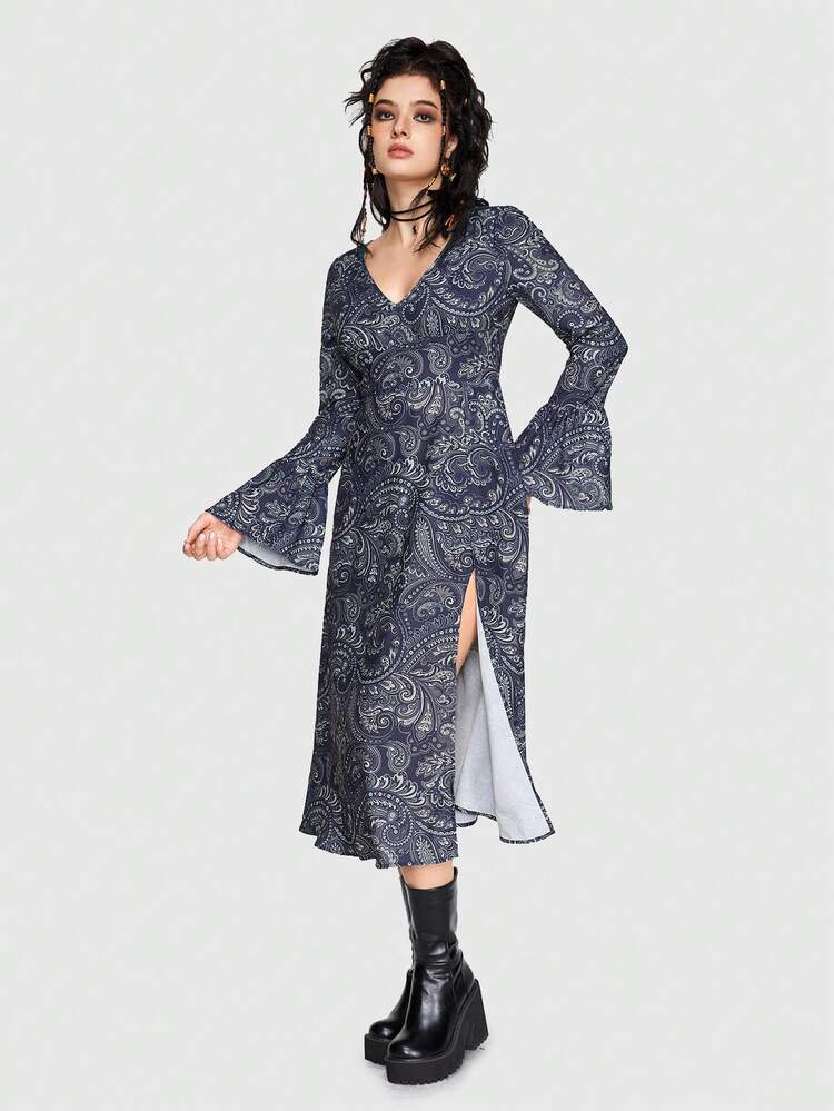 V-Neck Paisley Print Dress With High Side Slit