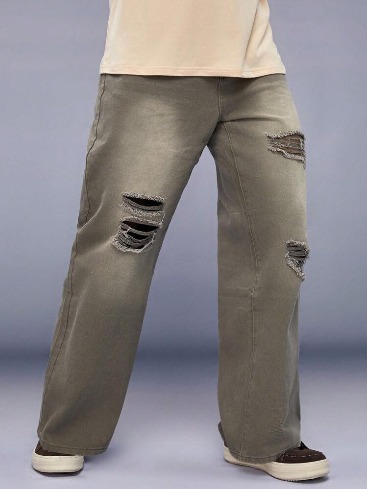 Manfinity VCAY Homens Rasgado Desfiado Jeans Reta - Verde de Exercício - Ver 5