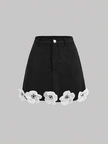 SHEIN MOD 3d花綴飾a字裙 - 黑色 - 查看 1