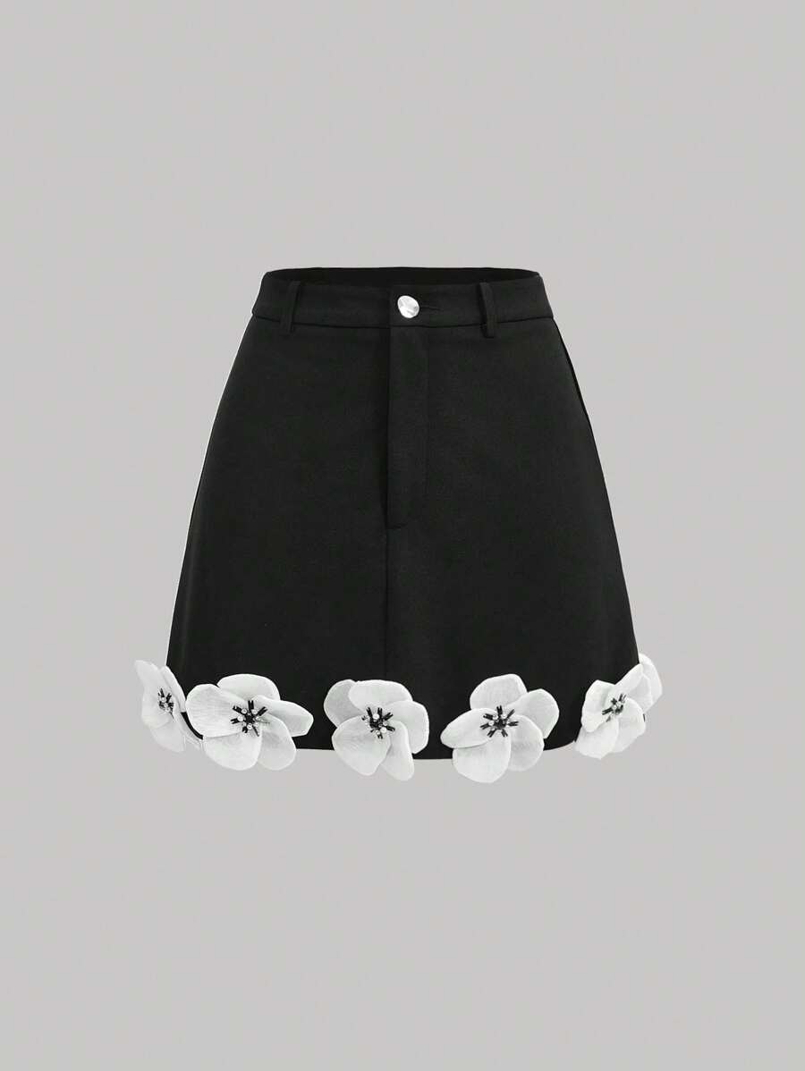 SHEIN MOD 3d花綴飾a字裙 - 黑色 - 查看 1