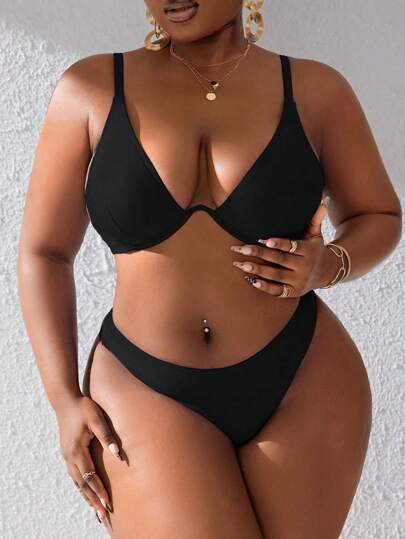 Slaydiva Plus Storlek Enfärgad Bikini Set Med Underbygel