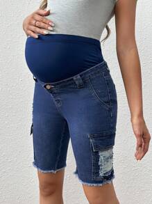 SHEIN Maternity Adjustable Waist Ripped Cargo Denim Shorts - Dark Wash - View 6