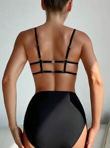 SHEIN Swim Damen Rüschen Neckholder Badeanzug Set für den Sommer - Schwarz - Übersicht 2