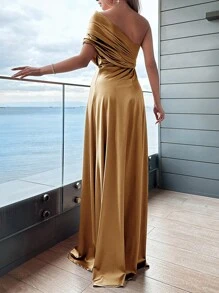 RueChic One Shoulder Ruched Split Thigh Formal Dress - Brown - View 2