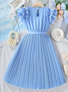 Tween Girls' Double Layer Ruffle Sleeve And Pleated Hem Swing Dress,Holiday Summer Travel - Blue - View 3