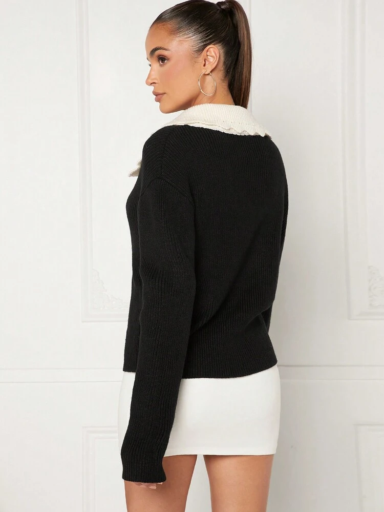 Casual Minimalist Contrast Color Collar Button Down Cardigan