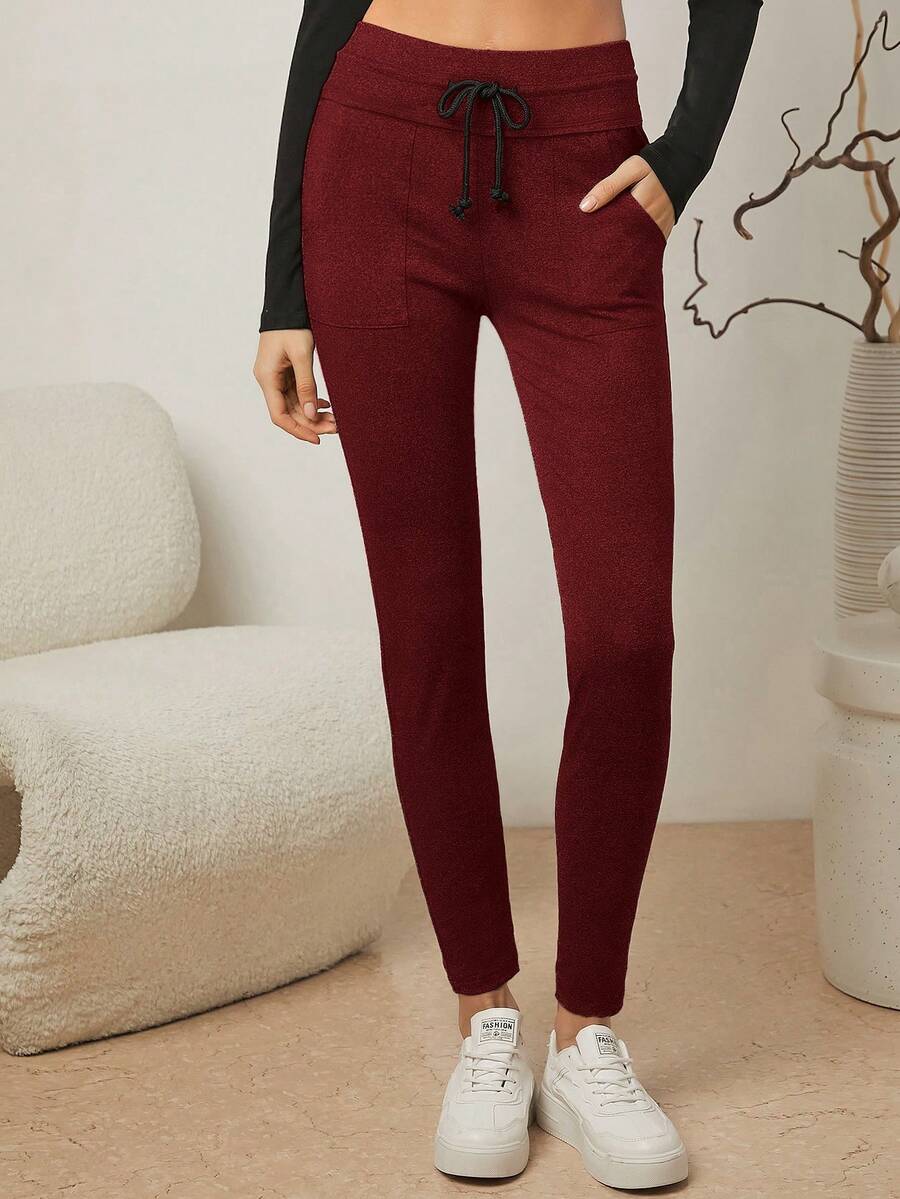 SHEIN Essnce 女式緊身束腰長褲 - 酒紅色 - 查看 1