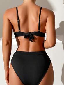 SHEIN Swim Bộ bikini dây chéo lưng có gân cho nữ, Bộ bikini Bộ đồ tắm Trang phục đi biển Kỳ nghỉ hè Bãi biển mùa hè - màu đen - Xem 2