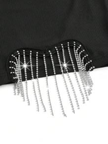 SHEIN Privé 女士情人節心形鑽石和流蘇細節貼身束縮連衣裙,適合約會和假期 - 黑色 - 查看 2