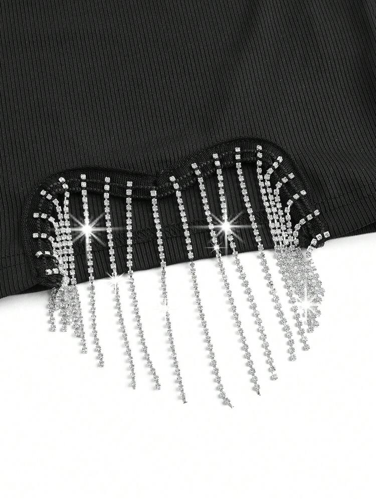 Women's Valentine's Day Heart Shaped Rhinestone & Tassel Detail Bodycon Bandage Dress, Suitable For Dates And Holidays