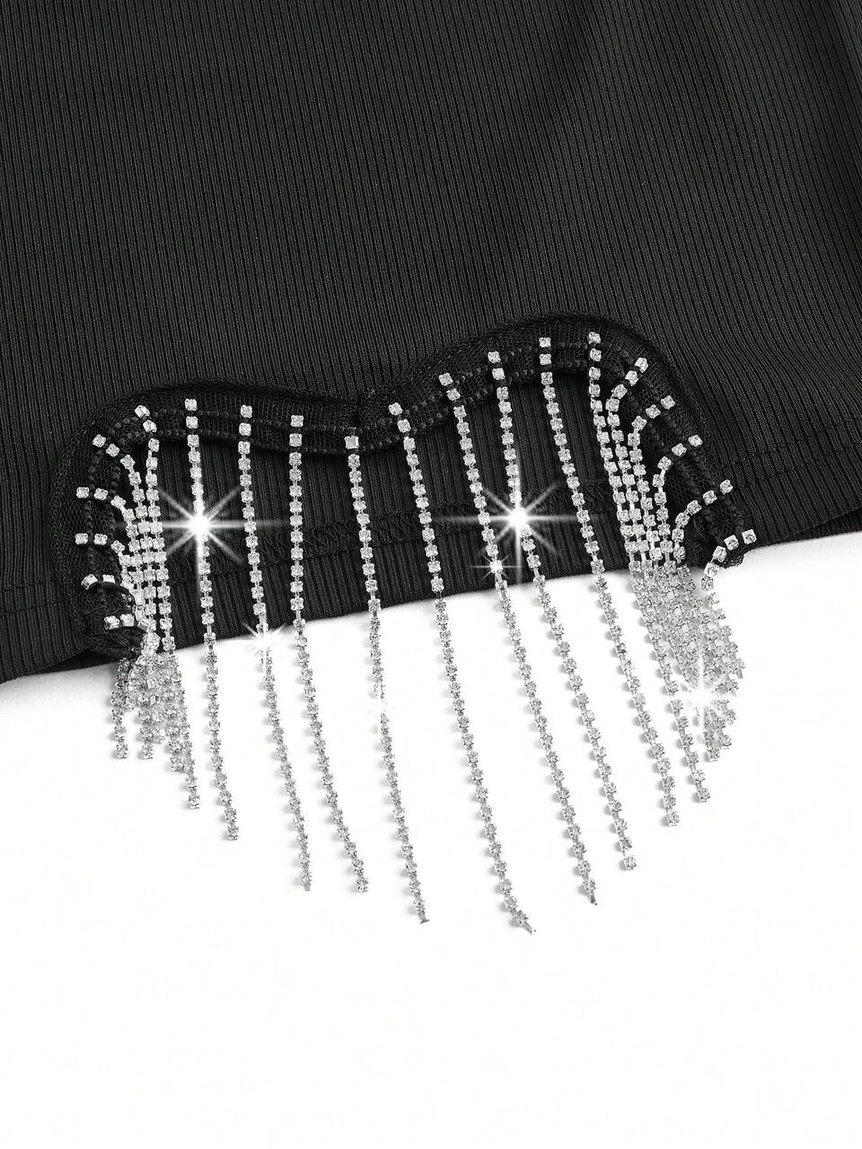Women's Valentine's Day Heart Shaped Rhinestone & Tassel Detail Bodycon Bandage Dress, Suitable For Dates And Holidays