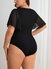 Firerie Kích thước lớn Lưới Nối Ngắn tay Áo liền quần chặt - màu đen - Xem 2