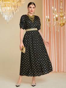 Divindia 金色格紋花紋長/短袖中長裙