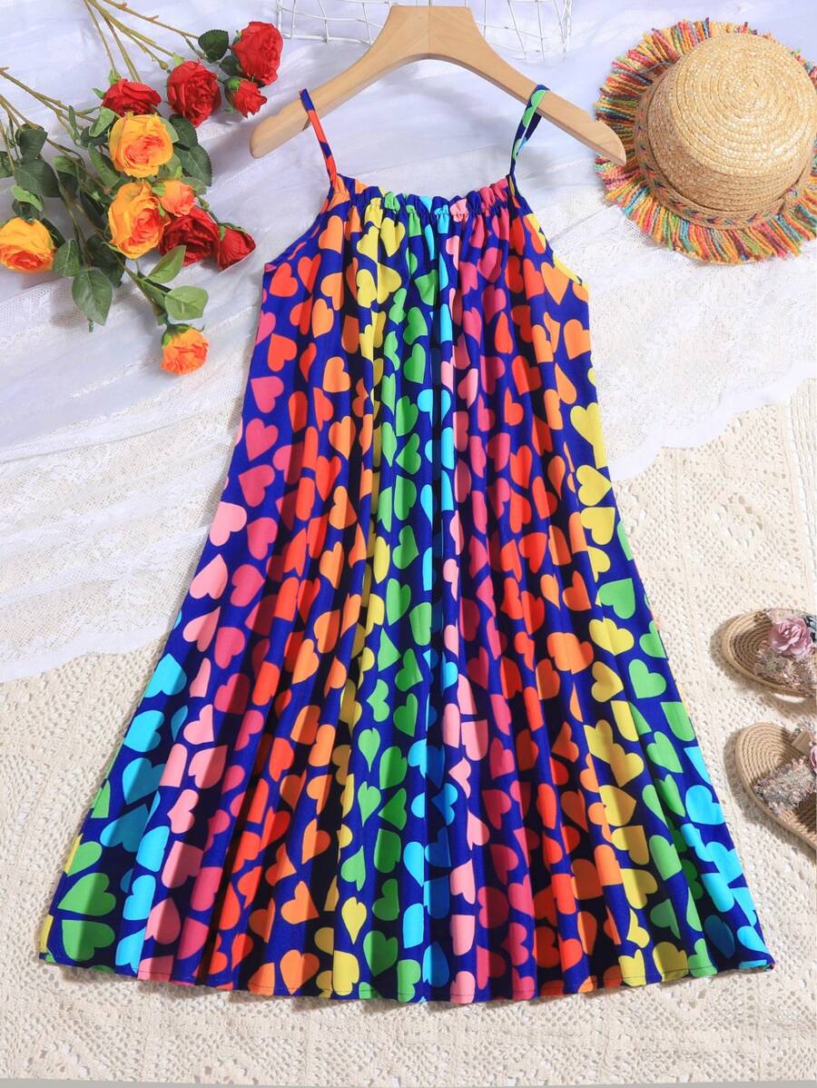 Sparklyn 少女休閒優雅心形印花無袖連衣裙