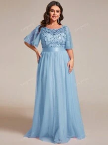 EVER-PRETTY Vestido de dama de honor con Body de malla con lentejuelas con diseño de hojas, vestido elegante
