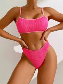 SHEIN Swim Women's Textured Fine Strap Bikini Set, Two-Piece Bikini Set Summer Beach - Hot Pink - View 4