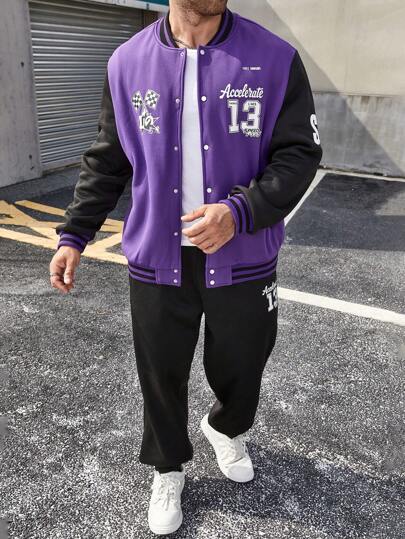 Manfinity LEGND Conjunto de dos piezas con chaqueta y pantalones estilo béisbol con bloques de color y estampado de letras para hombres de talla grande