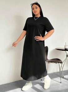Muchica Plus Size Round Neck Short Sleeve T-Shirt Dress  Black Women Dresses - Black - View 8