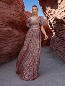 LOVE&LEMONADE Pailletten Ballonärmel Formelles Kleid - Braun - Übersicht 6