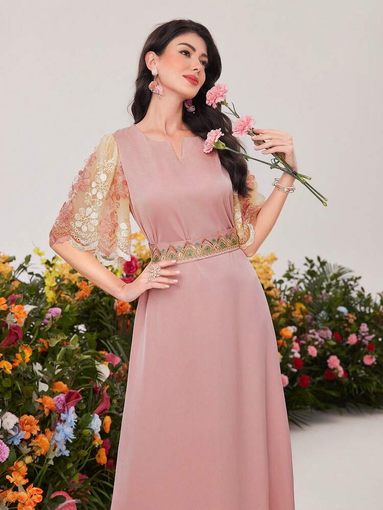 Patched Mesh Embroidery Notched Collar Dress Long Evening Dresses