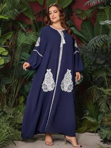 Al Najma Vestido Feminino Plus Size Bordado Com Borla E Estilo Árabe Com Faixa - Azul marinho - Ver 1