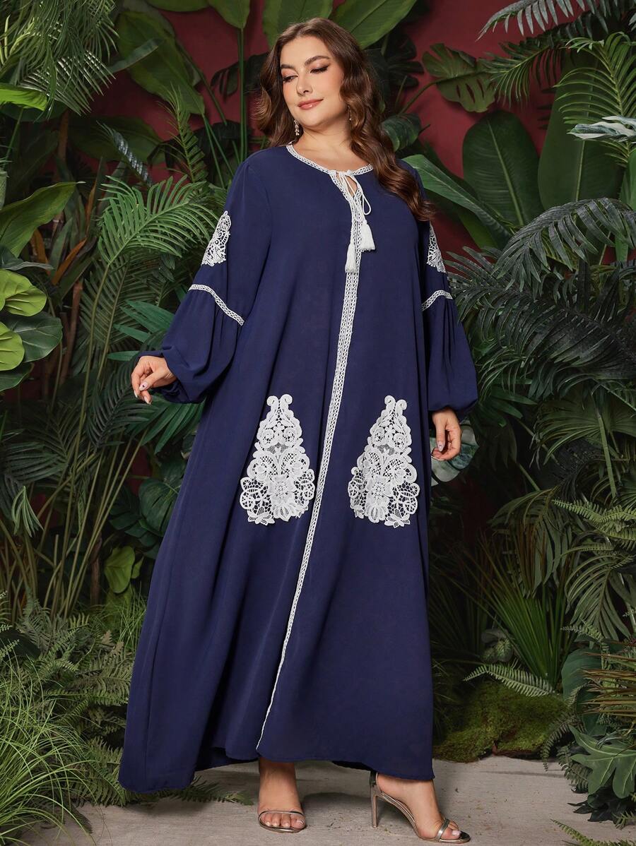 Al Najma Vestido Feminino Plus Size Bordado Com Borla E Estilo Árabe Com Faixa - Azul marinho - Ver 1