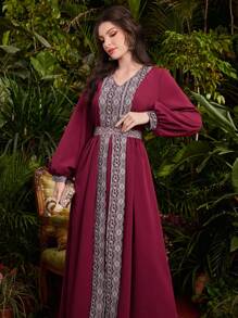 Al Najma 勃艮第红女士阿拉伯风格几何印花灯笼袖连衣裙，端庄