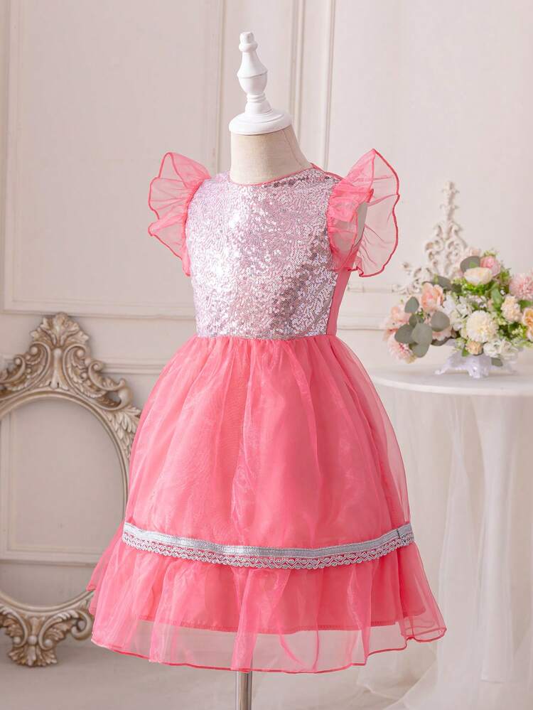 Young Girl Round Neck Mesh Dress With Ruffle And Glitter Sequin Detail