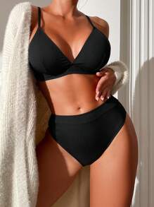 SHEIN Swim Bộ bikini dây chéo lưng có gân cho nữ, Bộ bikini Bộ đồ tắm Trang phục đi biển Kỳ nghỉ hè Bãi biển mùa hè - màu đen - Xem 1