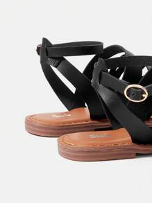 SheIn VCAY Women'S Flat Round Toe Ankle Strap Vacation Style Sandals - Black - View 4