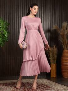 Modelyn Round Neck Long Sleeve Double Layer Pleated Hem Dress Long Evening Dresses - Pink - View 7