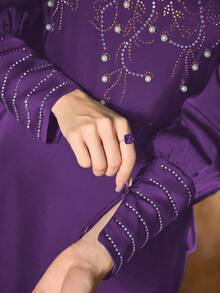 Women's Solid Color Round Neck Elegant Long Sleeve Maxi Arabic Dress With Rhinestone, Pearl Beading, Waist Tie Design, Soft & Comfortable, Suitable For Festivals, Daily Wear, Casual - Purple - View 7