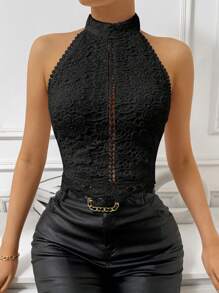 SHEIN Privé Women's Halter Neck Off Shoulder Solid Color Backless Casual Fashion Tank Top - Black - View 5