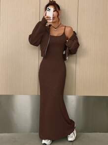 SHEIN EZwear Ladies' Solid Color Tight Cami Dress And Hooded Jacket Two-Piece Set - Brown - View 1