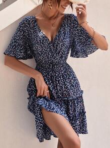 Breezaya Ditsy Floral Print V-Neck Ruffled Hem Dress - Multicolor - View 1