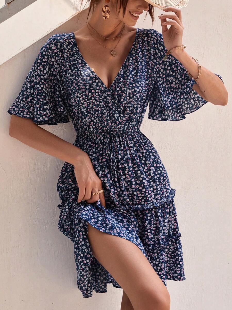 Breezaya Ditsy Floral Print V-Neck Ruffled Hem Dress - Multicolor - View 1