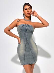 SHEIN SXY Strapless Slim Fit Denim Dress - Light Wash - View 2