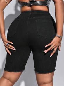 SHEIN SXY 大碼破洞彈性牛仔短褲 - 黑色 - 查看 6