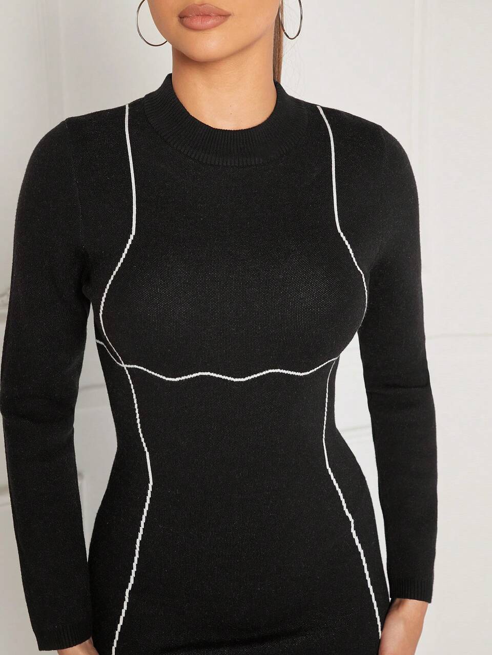 Contrast Piping Mock Neck Bodycon Sweater Dress