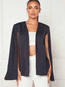 Hauture Striped Open Front Cape Coat - Navy Blue - View 5