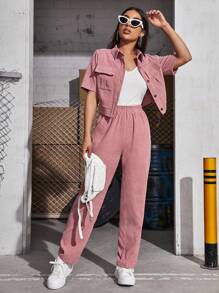 Mulvari Women's Short Sleeve Workwear Pocket Shirt And Pants Set 2 Pieces Set