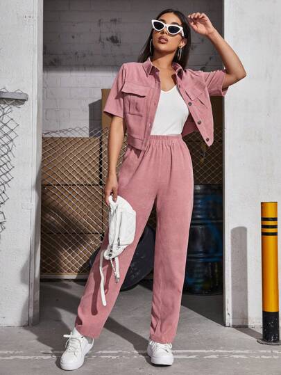 Mulvari Women's Short Sleeve Workwear Pocket Shirt And Pants Set 2 Pieces Set