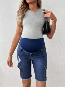 SHEIN Maternity Adjustable Waist Ripped Cargo Denim Shorts - Dark Wash - View 3