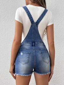SHEIN Maternity Frayed Ripped Denim Overalls Shorts - Medium Wash - View 2