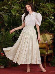 Modelyn Damen Jacquard Maxirock in Spitze, Einfarbig