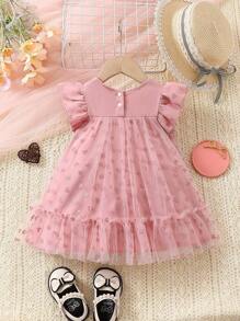 Baby Girl Gorgeous Elegant Lovely Flutter Sleeve Heart Mesh Dress Perfect For Spring, Summer Parties - Multicolor - View 2