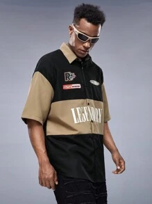 Manfinity VCAY Camisa Holgada Con Bloques De Color Y Estampado De Letras Para Hombre - Multicolor - Ver 3