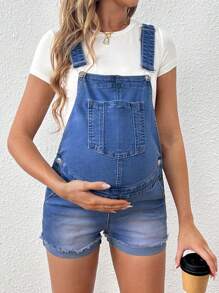 SHEIN Maternity Solid Color Pocket Decor Denim Overalls Shorts