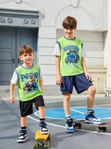 SHEIN Young Boy Loose Fit Casual Round Neck Two-In-One Design T-Shirt With Printed Pattern