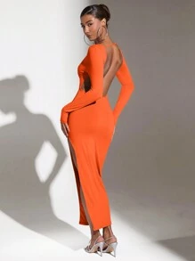SHEIN BAE Vestido Sencillo De Color Liso Con Espalda Descubierta Y Dobladillo Dividido - Naranja - Ver 3